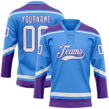 Load image into Gallery viewer, Custom Powder Blue White-Purple Hockey Lace Neck Jersey