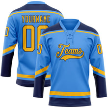 Load image into Gallery viewer, Custom Powder Blue Gold-Navy Hockey Lace Neck Jersey
