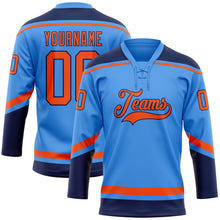 Load image into Gallery viewer, Custom Powder Blue Orange-Navy Hockey Lace Neck Jersey