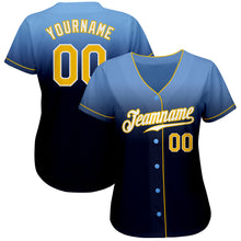 Load image into Gallery viewer, Custom Light Blue Gold-Navy Authentic Fade Fashion Baseball Jersey
