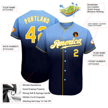 Load image into Gallery viewer, Custom Light Blue Gold-Navy Authentic Fade Fashion Baseball Jersey