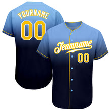 Load image into Gallery viewer, Custom Light Blue Gold-Navy Authentic Fade Fashion Baseball Jersey