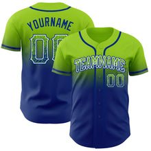 Load image into Gallery viewer, Custom Neon Green White-Royal Authentic Fade Fashion Baseball Jersey