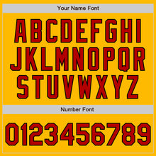 Load image into Gallery viewer, Custom Gold Pinstripe Red-Black Authentic Fade Fashion Baseball Jersey