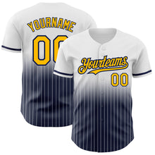 Load image into Gallery viewer, Custom White Pinstripe Gold-Navy Authentic Fade Fashion Baseball Jersey