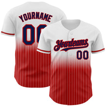 Load image into Gallery viewer, Custom White Pinstripe Navy-Red Authentic Fade Fashion Baseball Jersey