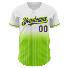 Load image into Gallery viewer, Custom White Pinstripe Purple-Neon Green Authentic Fade Fashion Baseball Jersey