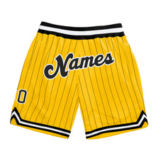 Load image into Gallery viewer, Custom Gold Black Pinstripe Black-White Authentic Basketball Shorts