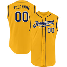 Load image into Gallery viewer, Custom Gold Navy-White Authentic Sleeveless Baseball Jersey