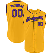 Load image into Gallery viewer, Custom Gold Purple-Black Authentic Sleeveless Baseball Jersey