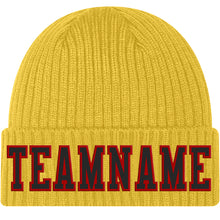 Load image into Gallery viewer, Custom Gold Black-Red Stitched Cuffed Knit Hat