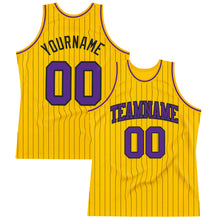 Load image into Gallery viewer, Custom Gold Black Pinstripe Purple Authentic Basketball Jersey