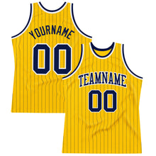 Load image into Gallery viewer, Custom Gold Navy Pinstripe Navy-White Authentic Basketball Jersey