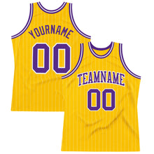 Load image into Gallery viewer, Custom Gold White Pinstripe Purple Authentic Basketball Jersey