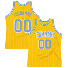Load image into Gallery viewer, Custom Gold White Pinstripe Light Blue Authentic Basketball Jersey