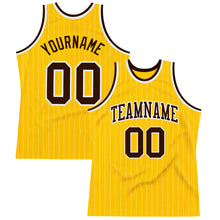 Load image into Gallery viewer, Custom Gold White Pinstripe Brown Authentic Basketball Jersey