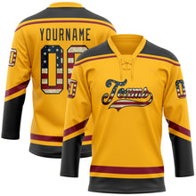 Load image into Gallery viewer, Custom Gold Vintage USA Flag Black-Crimson Hockey Lace Neck Jersey