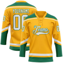 Load image into Gallery viewer, Custom Gold White-Kelly Green Hockey Lace Neck Jersey