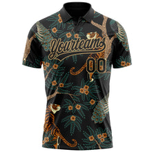 Load image into Gallery viewer, Custom Black Black-Old Gold 3D Pattern Design Tiger And Peacock Performance Vapor Golf Polo Shirt