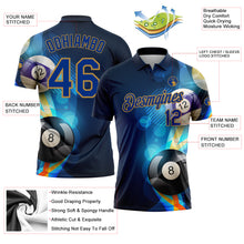 Load image into Gallery viewer, Custom Navy Royal-Old Gold 3D Pattern Design Billiards Performance Polo Shirt