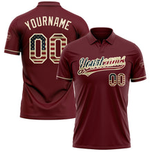 Load image into Gallery viewer, Custom Burgundy Vintage USA Flag-Cream Performance Vapor Golf Polo Shirt