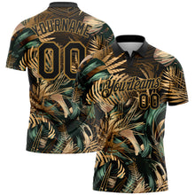 Load image into Gallery viewer, Custom Black Old Gold 3D Pattern Design Golden And Green Tropical Leaves In The Style Of Jungle And Hawaii Performance Golf Polo Shirt