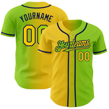 Load image into Gallery viewer, Custom Neon Green Yellow-Navy Authentic Gradient Fashion Baseball Jersey
