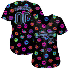 Load image into Gallery viewer, Custom Graffiti Pattern Black-Light Blue 3D Dots And Kiss Lips Authentic Baseball Jersey