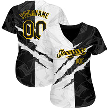 Load image into Gallery viewer, Custom Graffiti Pattern Black-Gold 3D Scratch Authentic Baseball Jersey