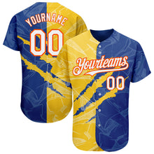 Load image into Gallery viewer, Custom Graffiti Pattern White Royal Yellow-Orange 3D Scratch Authentic Baseball Jersey