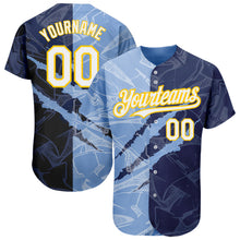 Load image into Gallery viewer, Custom Graffiti Pattern White Navy Light Blue-Yellow 3D Scratch Authentic Baseball Jersey