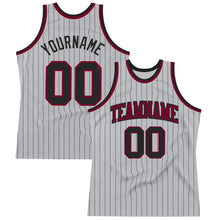 Load image into Gallery viewer, Custom Gray Black Pinstripe Black-Maroon Authentic Basketball Jersey