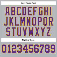 Load image into Gallery viewer, Custom Gray Black Pinstripe Purple-Gold Authentic Basketball Jersey