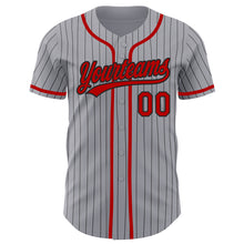 Load image into Gallery viewer, Custom Gray Black Pinstripe Red Authentic Baseball Jersey