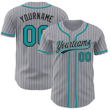 Load image into Gallery viewer, Custom Gray Black Pinstripe Teal Authentic Baseball Jersey