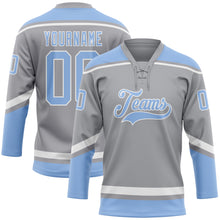 Load image into Gallery viewer, Custom Gray Light Blue-White Hockey Lace Neck Jersey
