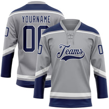 Load image into Gallery viewer, Custom Gray Navy-White Hockey Lace Neck Jersey