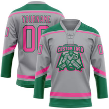 Load image into Gallery viewer, Custom Gray Pink-Kelly Green Hockey Lace Neck Jersey
