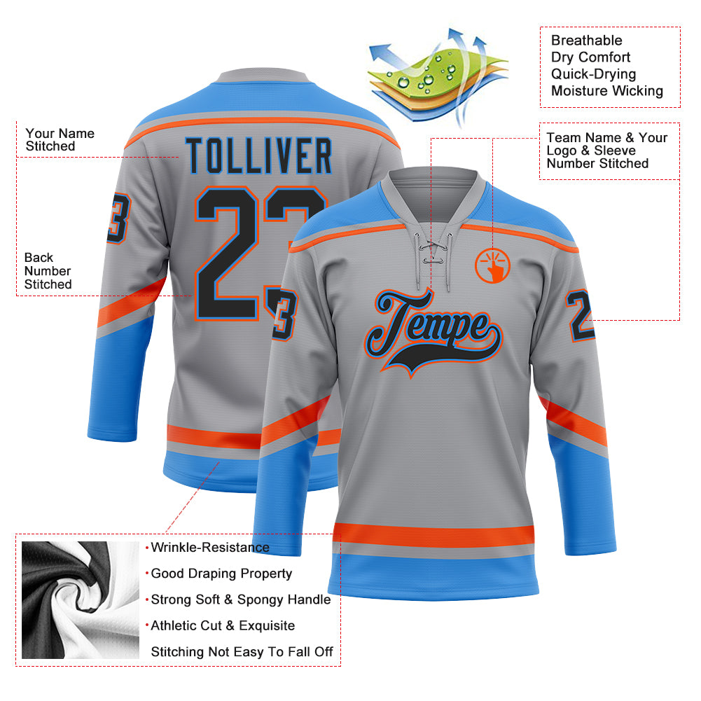 Custom Powder Blue Red Classic Style Quick Dry Lace-Up Neck Hockey Hoodie Jersey
