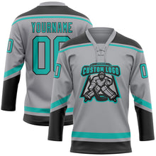 Load image into Gallery viewer, Custom Gray Aqua-Black Hockey Lace Neck Jersey