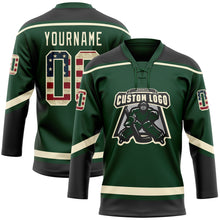 Load image into Gallery viewer, Custom Green Vintage USA Flag Black-Cream Hockey Lace Neck Jersey