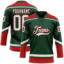 Load image into Gallery viewer, Custom Green White-Red Hockey Lace Neck Jersey