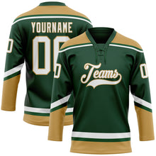 Load image into Gallery viewer, Custom Green White-Old Gold Hockey Lace Neck Jersey