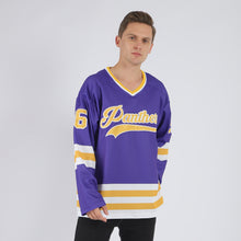 Load image into Gallery viewer, Custom Purple Gold-White Hockey Jersey