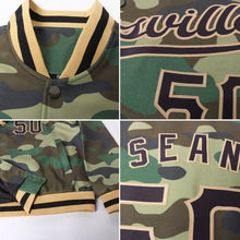 Load image into Gallery viewer, Custom Camo Black-Old Gold Bomber Full-Snap Varsity Letterman Salute To Service Jacket