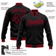 Load image into Gallery viewer, Custom Black Black-Red Bomber Full-Snap Varsity Letterman Jacket