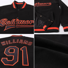 Load image into Gallery viewer, Custom Black Black-Orange Bomber Full-Snap Varsity Letterman Jacket