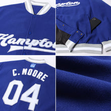 Load image into Gallery viewer, Custom Royal White-Gray Bomber Full-Snap Varsity Letterman Jacket