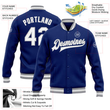 Load image into Gallery viewer, Custom Royal White-Gray Bomber Full-Snap Varsity Letterman Jacket
