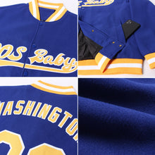 Load image into Gallery viewer, Custom Royal Gold-White Bomber Full-Snap Varsity Letterman Jacket